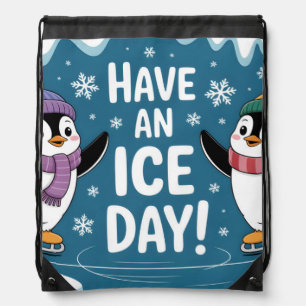 Cute Penguins Ice Skating Cartoon, Have an Ice Day Drawstring Bag