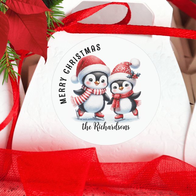 Cute Penguins Ice Skating Merry Christmas Classic Round Sticker (Creator Uploaded)