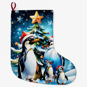 Cute penguins in a cheerful cartoon style, large christmas stocking