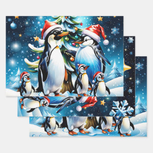 Cute penguins in a cheerful cartoon style wrapping paper sheets