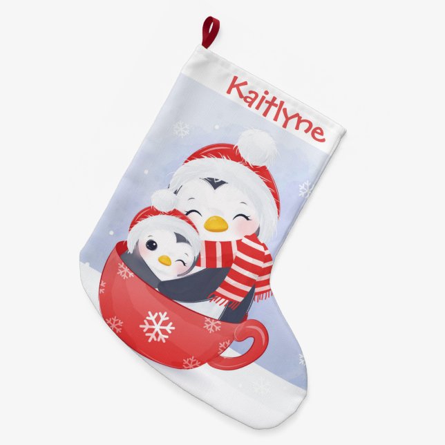 Cute Penguins in a Cup Large Christmas Stocking (Front (Hanging))