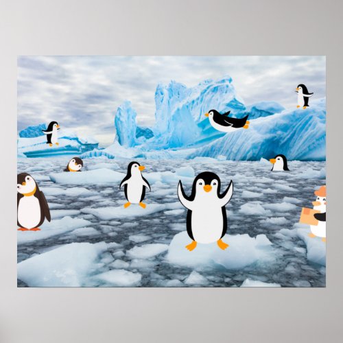 cute penguins in Antarctica ice Poster