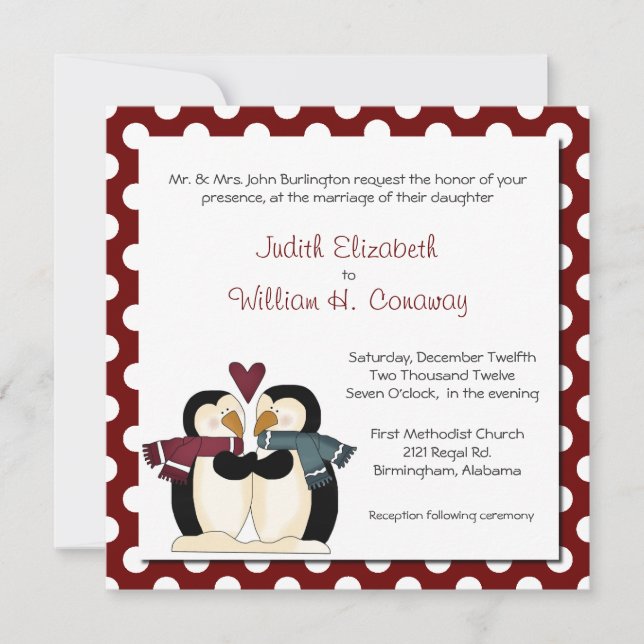 Cute Penguins in Love Wedding Invitation (Front)