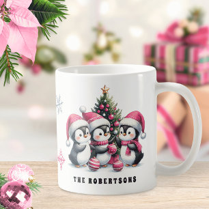 Cute Penguins in Pink Santa Hats Family Christmas Coffee Mug
