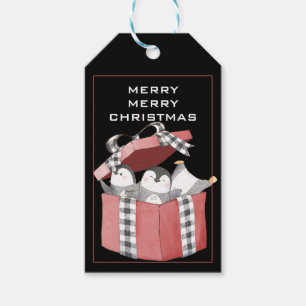 Cute Penguins In Red Christmas Gift Box Tags