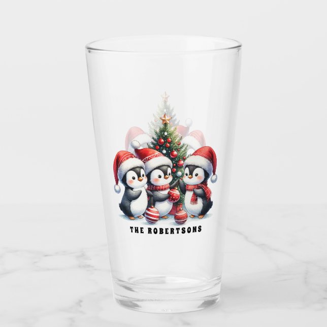Cute Penguins in Santa Hats Personalized Christmas Glass (Front)