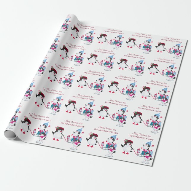 Cute Penguins in the Snow Merry Christmas Wrapping Paper (Unrolled)