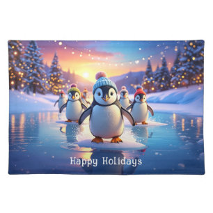 Cute Penguins in Winter Hats on Frozen Ice Cloth Placemat