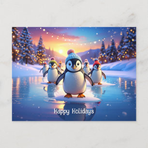 Cute Penguins in Winter Hats on Frozen Ice Postcard