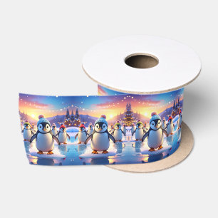 Cute Penguins in Winter Hats Ribbon