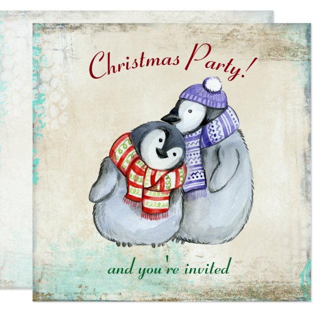 Cute Penguins In Winter Scarves And Hats Christmas Invitation