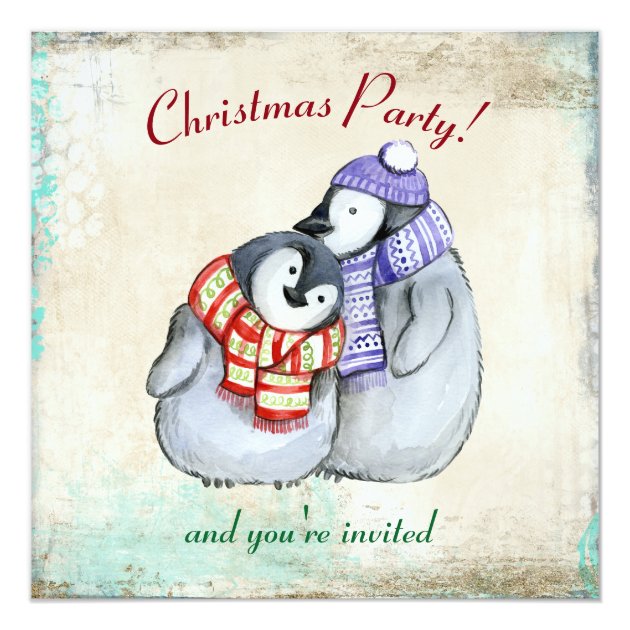 Cute Penguins In Winter Scarves And Hats Christmas Invitation