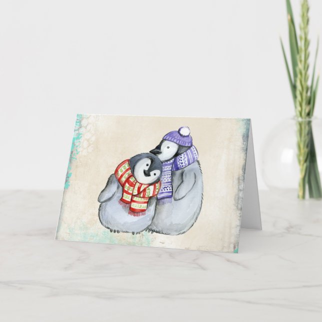 Cute Penguins in Winter Scarves and Hats Christmas Holiday Card (Front)