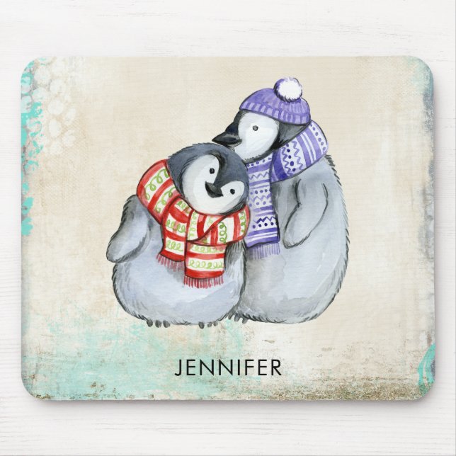 Cute Penguins in Winter Scarves and Hats Custom Mouse Pad (Front)