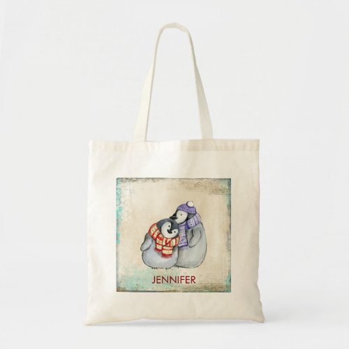 Cute Penguins in Winter Scarves and Hats Custom Tote Bag