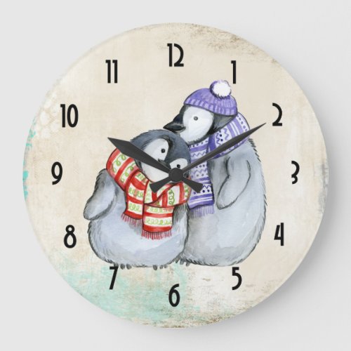 Cute Penguins in Winter Scarves and Hats Large Clock