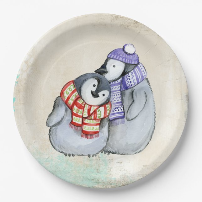 Cute Penguins in Winter Scarves and Hats Paper Plates (Front)