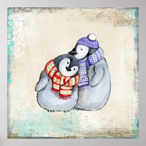 Cute Penguins in Winter Scarves and Hats Poster