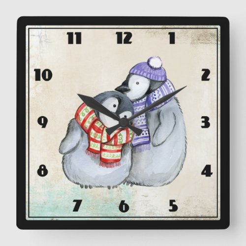 Cute Penguins in Winter Scarves and Hats Square Wall Clock