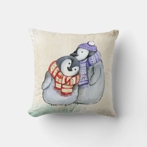 Cute Penguins in Winter Scarves and Hats Throw Pillow