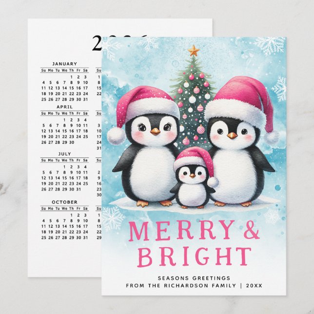 Cute Penguins Merry and Bright Pink Christmas Holiday Card (Front/Back)