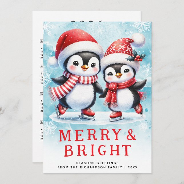 Cute Penguins Merry Bright Red and Blue Christmas Holiday Card (Front/Back)