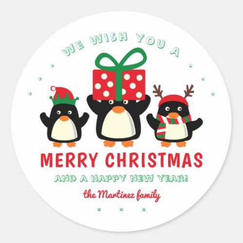 Cute Penguins Merry Christmas Classic Round Sticker