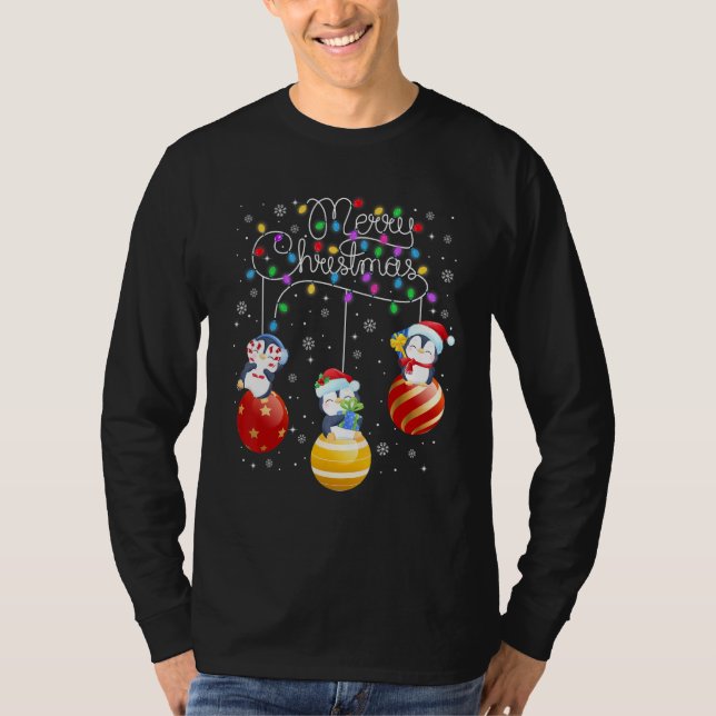 Cute Penguins Merry Christmas Lights Ornaments Bal T-Shirt (Front)