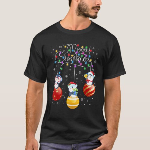 Cute Penguins Merry Christmas Lights Ornaments Bal T_Shirt