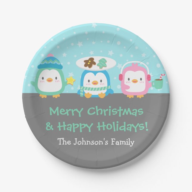 Cute Penguins Merry Christmas Party Supplies Paper Plates (Front)