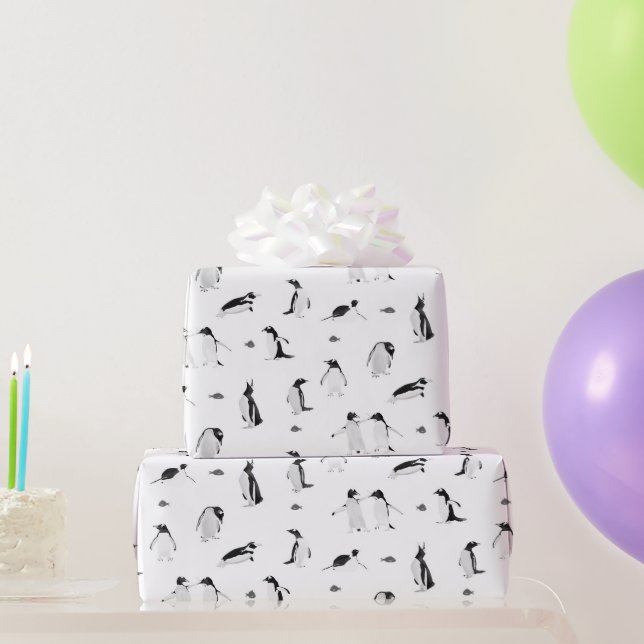 Cute Penguins Monochrome Pattern Wrapping Paper (Party Gifts)