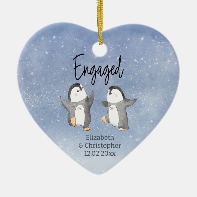 Cute Penguins Monogrammed Engaged Ceramic Ornament (Front)