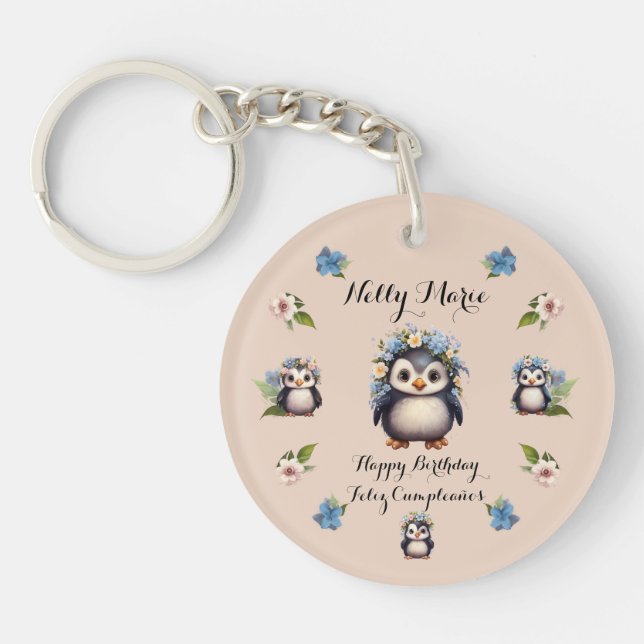 Cute Penguins Name Bilingual Text Feliz Cumpleaños Keychain (Front)