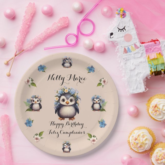 Cute Penguins Name Bilingual text Feliz Cumpleaños Paper Plates (Party)