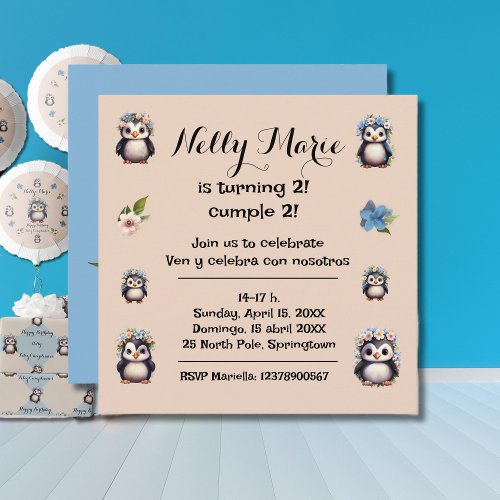 Cute Penguins Name Bilingual Text Spanish_Eng Invitation