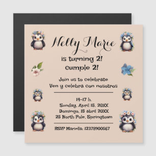 Cute Penguins Name Bilingual Text Spanish-Eng Magnetic Invitation