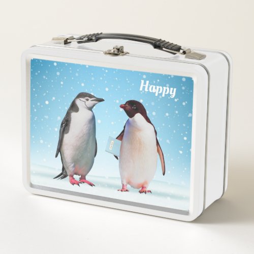 Cute Penguins on Light Blue Metal Lunch Box