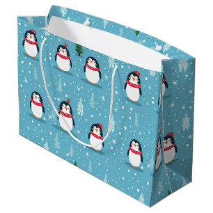 Cute Penguins on Light Blue with Snowflakes Large Gift Bag