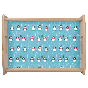 Cute Penguins on Light Blue with Snowflakes  Serving Tray