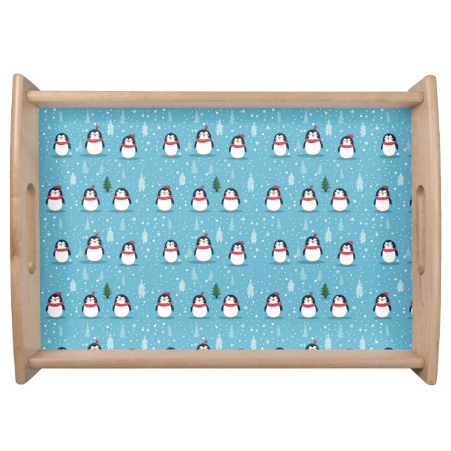 Cute Penguins on Light Blue with Snowflakes  Serving Tray (Front)