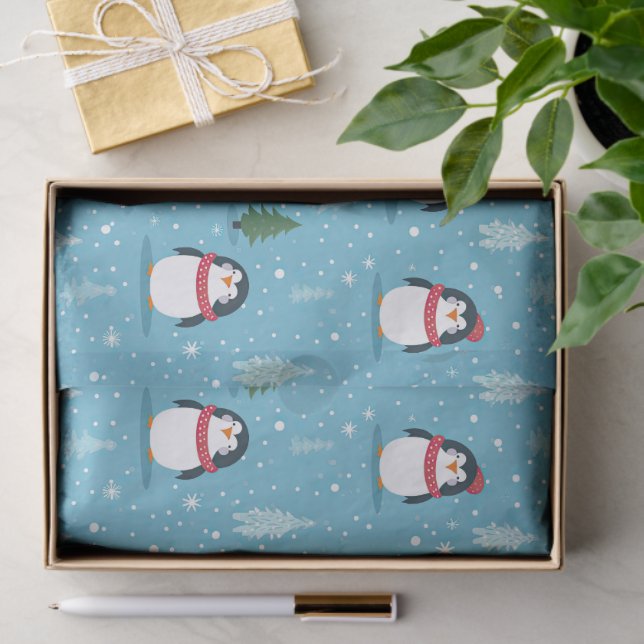 Cute Penguins on Light Blue with Snowflakes  Tissue Paper (Gift)