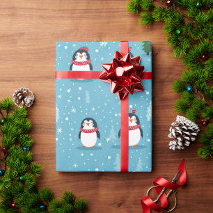 Cute Penguins on Light Blue with Snowflakes  Wrapping Paper