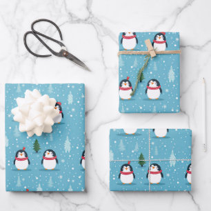Cute Penguins on Light Blue with Snowflakes  Wrapping Paper Sheets