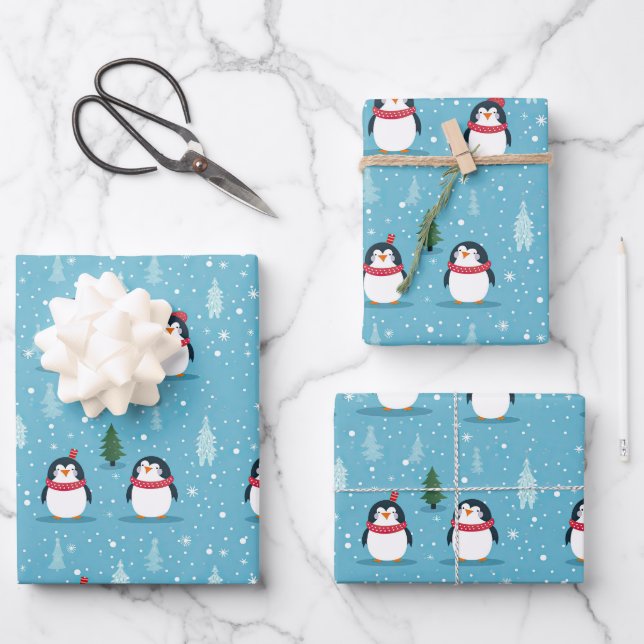 Cute Penguins on Light Blue with Snowflakes  Wrapping Paper Sheets (Front)