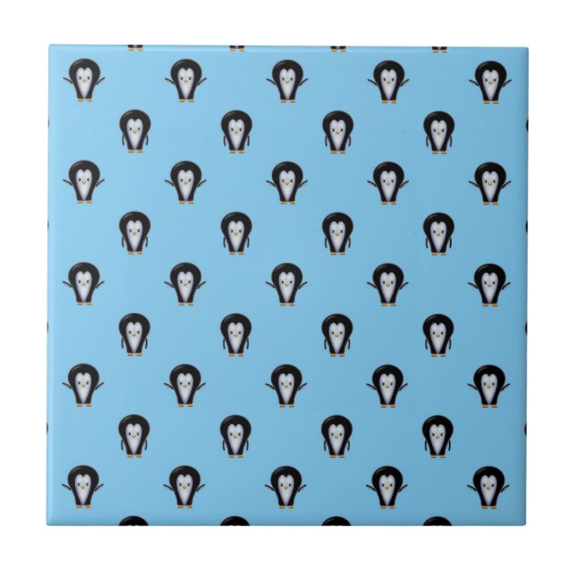 Cute Penguins over Winter Blue Ceramic Tile (Front)