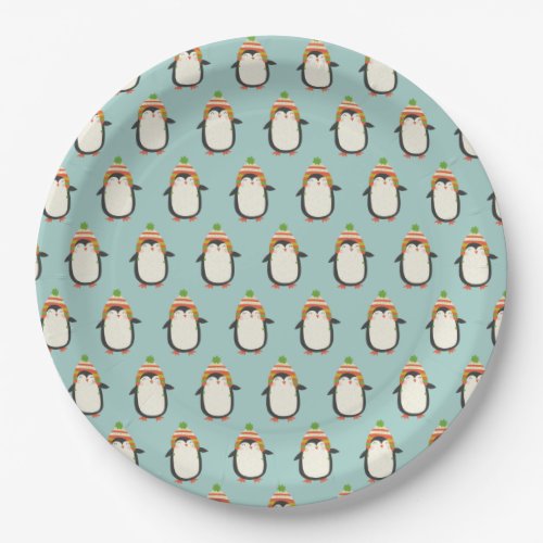 Cute Penguins Pattern _  Aqua Green Christmas Paper Plates