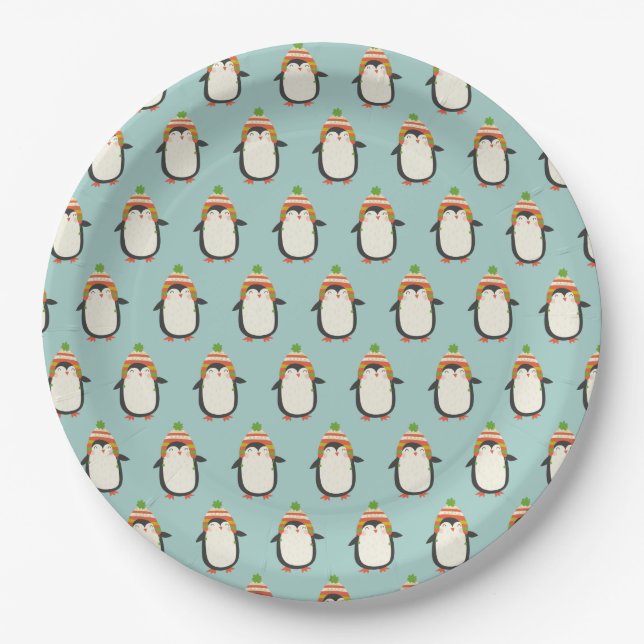 Cute Penguins Pattern -  Aqua Green Christmas Paper Plates (Front)