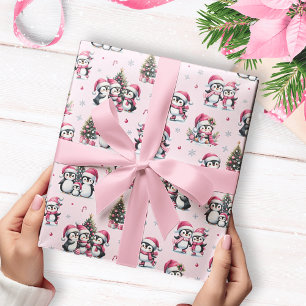 Cute Penguins Pattern Pink Christmas Wrapping Paper