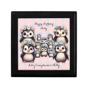 Cute Penguins Pink Bilingual Text and Name Gift Box