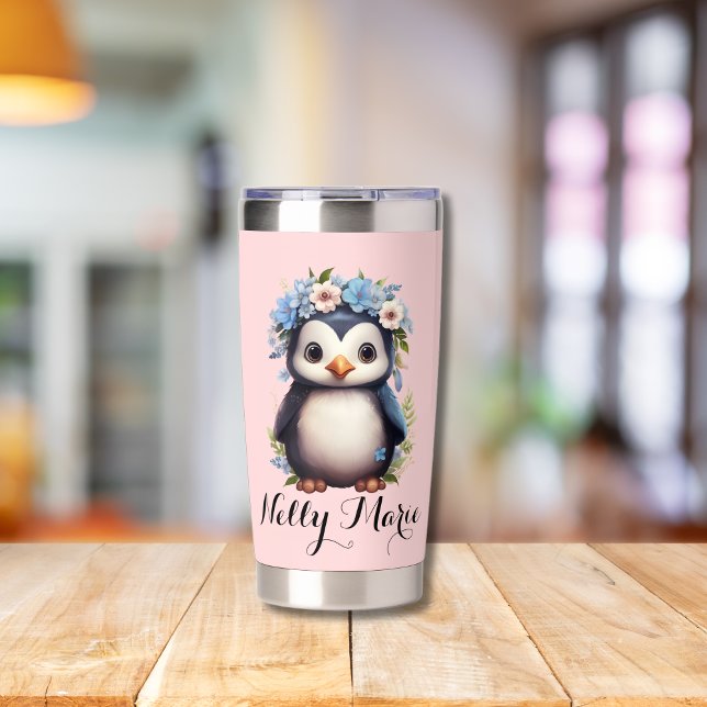 Cute Penguins Pink Custom Name & Initials Insulated Tumbler (Pink Insulated Tumbler custom name & initials, Bilingual text. Multilingual Project)